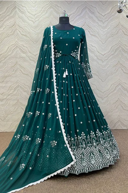Latest Pine Green Embroidered Gown with Dupatta