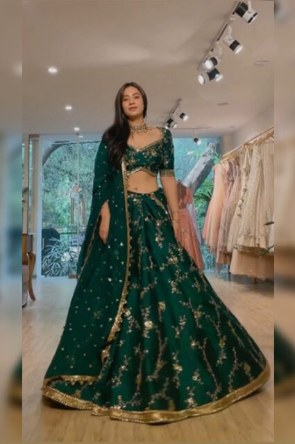 Latest Sacremento Green Satin Lehenga Choli And Net Dupatta