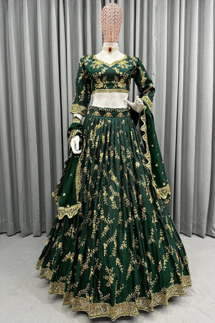 Latest Sacremento Green Satin Lehenga Choli And Net Dupatta