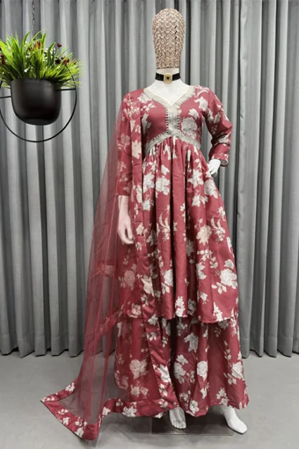 Light Mahogamy Floral Printed Suit With Sharara Light Mahogamy Floral Printed Suit With Sharara