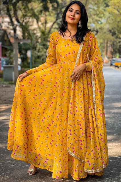 Mustard Yellow Floral Printed Anarkali For Any Auspicious Ocassion