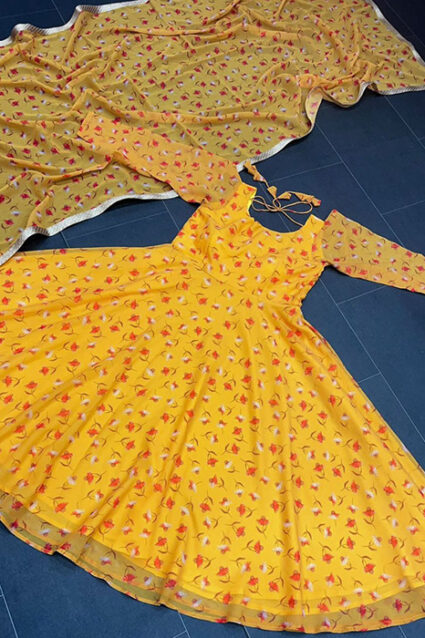 Mustard Yellow Floral Printed Anarkali For Any Auspicious Ocassion