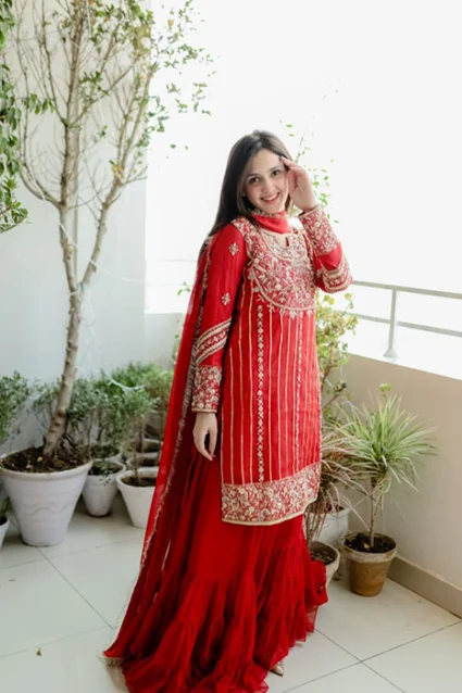Red Embroidered Georgette Sharara Suit Red Embroidered Georgette Sharara Suit