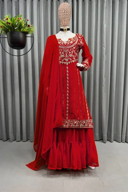 Red Embroidered Georgette Sharara Suit Red Embroidered Georgette Sharara Suit
