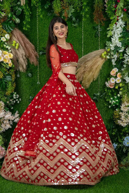 Scarlet Red And Gold toned Embellished Lehenga Choli