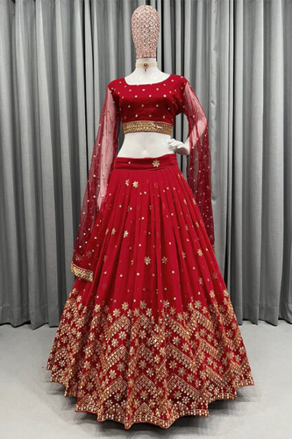 Scarlet Red And Gold toned Embellished Lehenga Choli