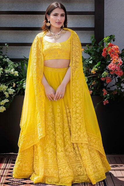 Showstopper Thread Work Yellow Color Lehenga Choli for Haldi Function