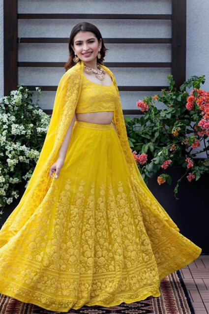 Showstopper Thread Work Yellow Color Lehenga Choli for Haldi Function