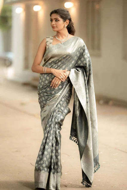 Stunning Grey Banarasi With Silver Zari Weaving