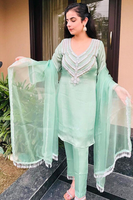 Sweet Pista Green Muslin Designer Suit