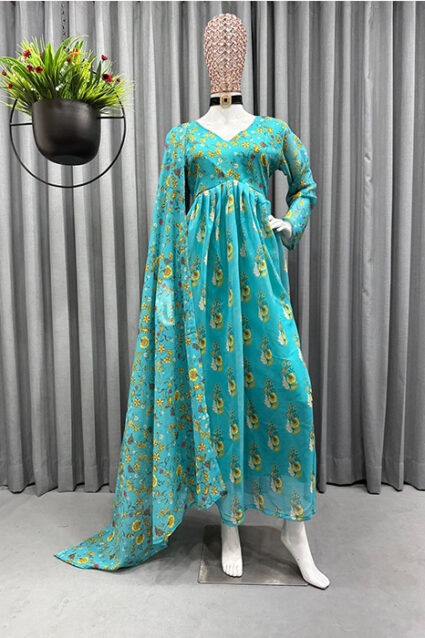 Torquise V necked Silk Floral Printed Suit