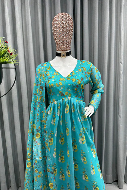 Torquise V necked Silk Floral Printed Suit