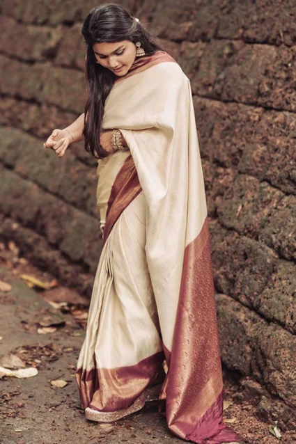 Traditional Cream and Maroon Ethnic Wear Banarasi Silk Saree
