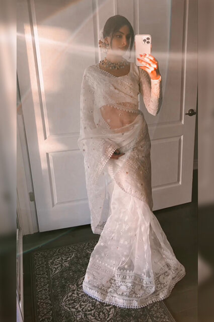 White Embroidered Party Wear Lace Saree