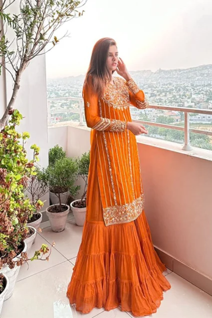 Yellow Embroidered Georgette Sharara Suit Yellow Embroidered Georgette Sharara Suit