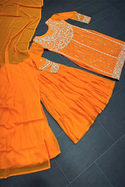 Yellow Embroidered Georgette Sharara Suit Yellow Embroidered Georgette Sharara Suit