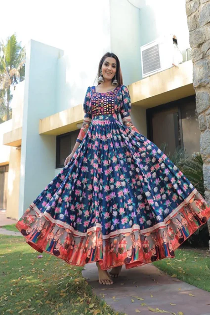 Designer Indigo Gown In Digital Floral Print