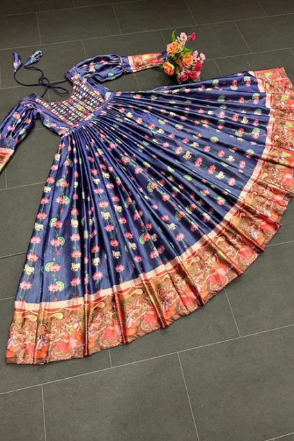 Designer Indigo Gown In Digital Floral Print