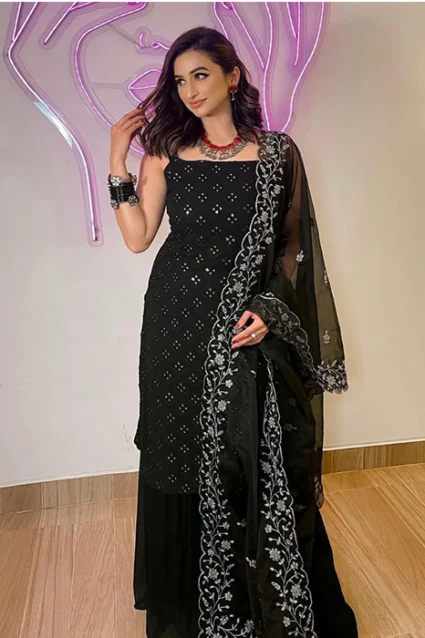 Designer Sleeveless Black Sharara Suit For Partywear Designer Sleeveless Black Sharara Suit For Partywear