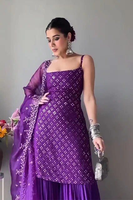 Designer Sleeveless Iris Sharara Suit For Partywear Designer Sleeveless Iris Sharara Suit For Partywear