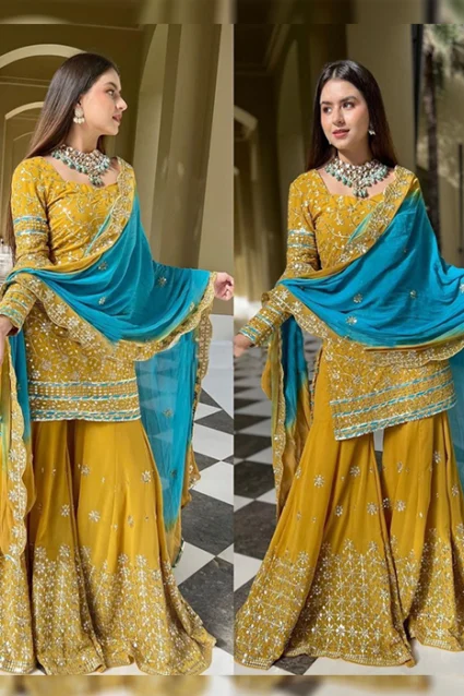 Gorgeous Sharara Suit In Dandelion For Auspicious Ceremonies Gorgeous Sharara Suit In Dandelion For Auspicious Ceremonies