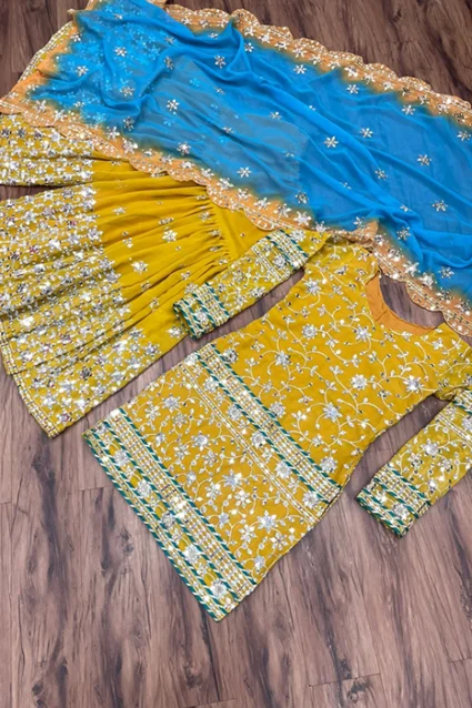 Gorgeous Sharara Suit In Dandelion For Auspicious Ceremonies Gorgeous Sharara Suit In Dandelion For Auspicious Ceremonies