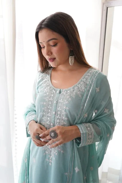 Ivory Blue Chikenkari Suit For Any Ocassion Ivory Blue Chikenkari Suit For Any Ocassion