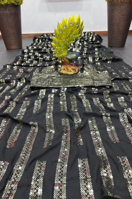 Latest Partywear Black Sequin Saree For Women