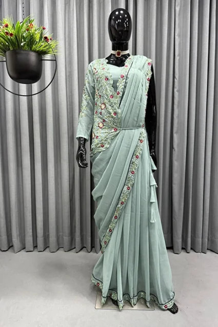 Partywear Pistachio Ready to Wear Saree With Designer Jacket