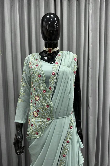 Partywear Pistachio Ready to Wear Saree With Designer Jacket