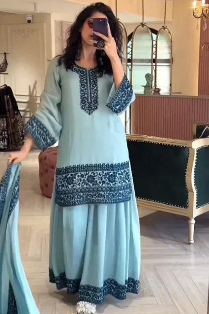 Stylish Ivory Blue Embroidered Suit For Women Stylish Ivory Blue Embroidered Suit For Women