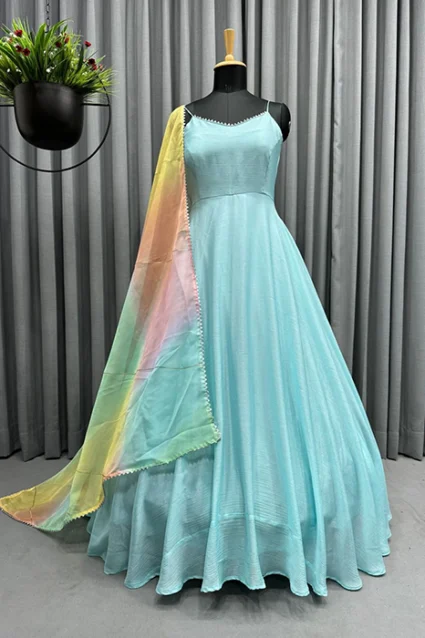 Trendy Sleeveless Tiffany Blue Suit With Organza Dupatta Trendy Sleeveless Tiffany Blue Suit With Organza Dupatta