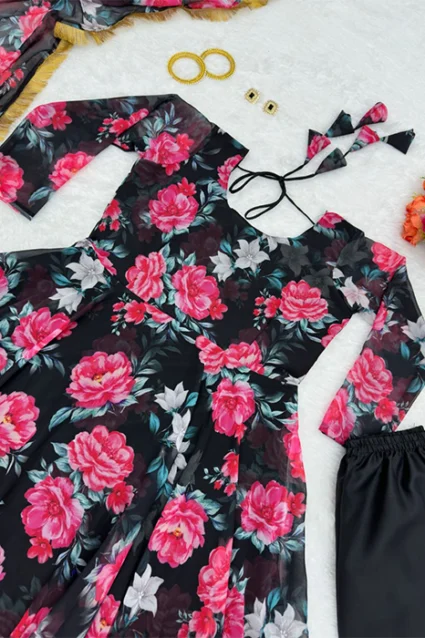 Women's Casual Wear Floral Printed Salwar Suit In Black