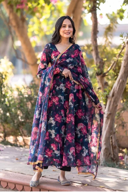 Women's Casual Wear Floral Printed Salwar Suit In Black