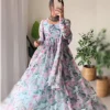Adorable Floral Printed Evening Gown for women in light blue