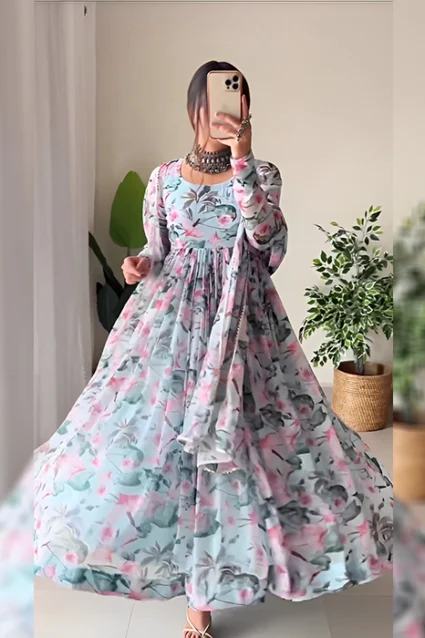 Adorable Floral Printed Evening Gown for Women in Light Blue