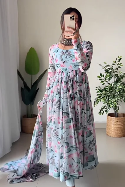 Adorable Floral Printed Evening Gown for Women in Light Blue