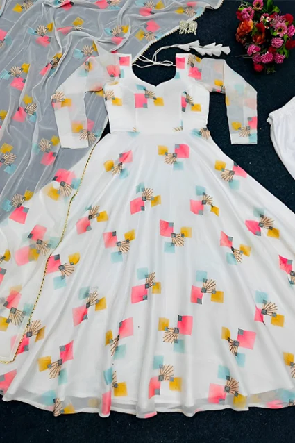 Aesthetic Snowy White Printed Gown