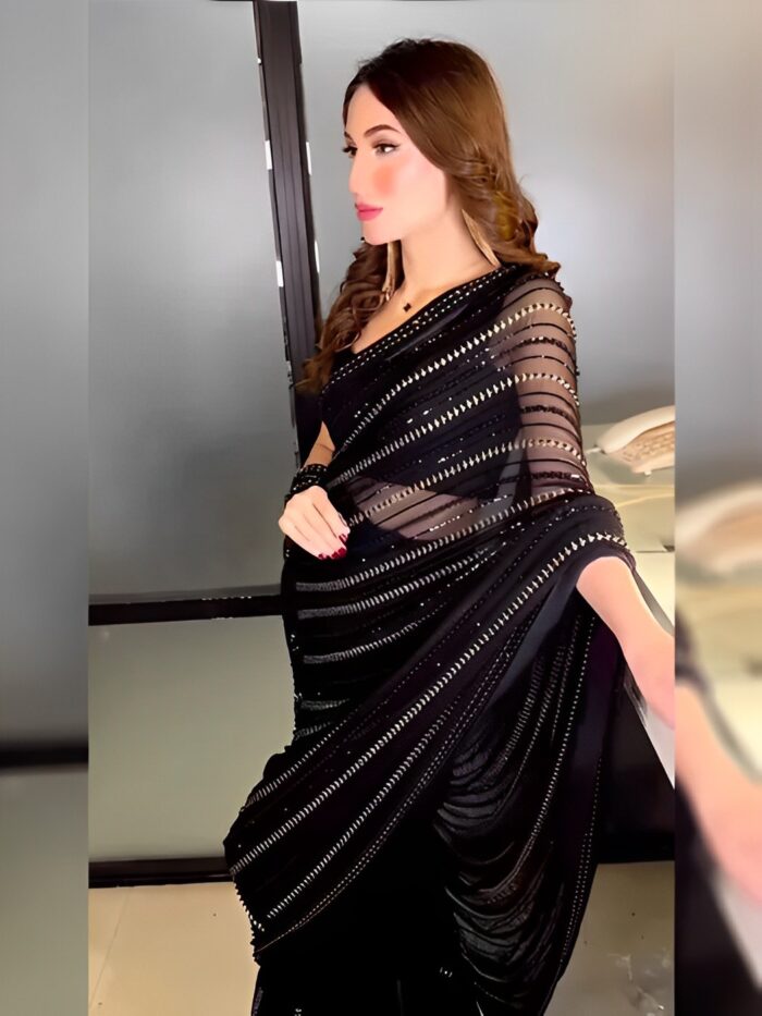 Pre-Stitched Black Sequins Georgette Saree – Glamwiz India