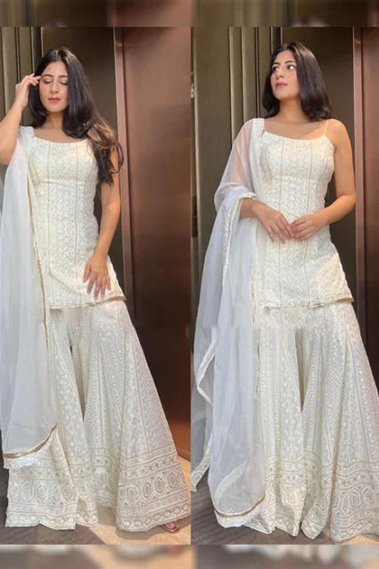 Alluring Off White Designer Sharara Suit For Wedding Festivites Alluring Off White Designer Sharara Suit For Wedding Festivites