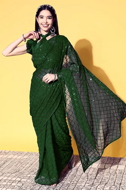 Bollywood Style Gleaming Bottle Green Saree
