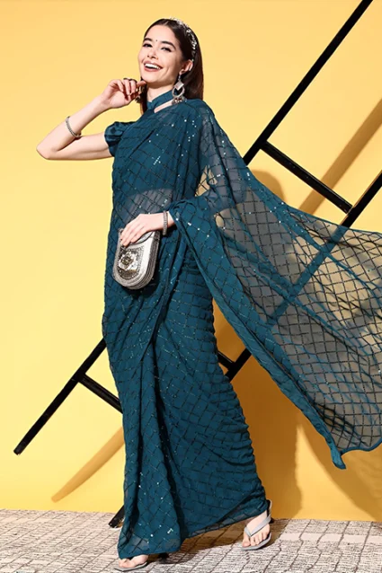 Bollywood Style Gleaming Navy Blue Saree