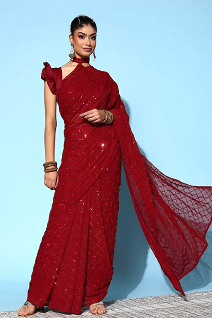 Bollywood Style Gleaming Red Saree