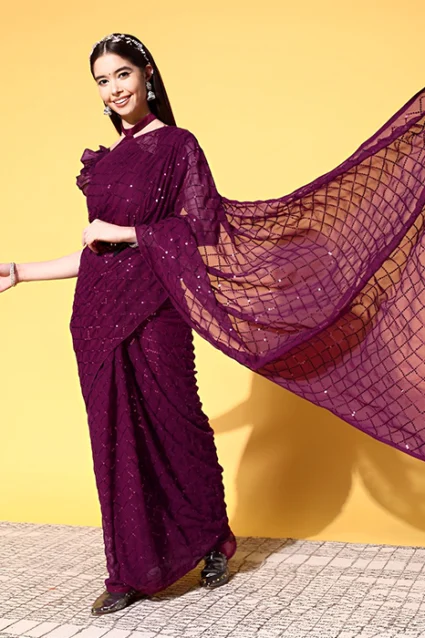 Bollywood Style Gleaming Wine Saree