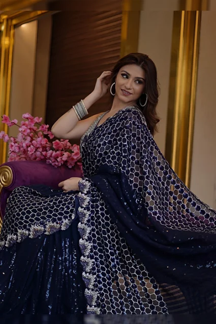 Charming Navy Blue Sequence Saree for Grand Celebrations