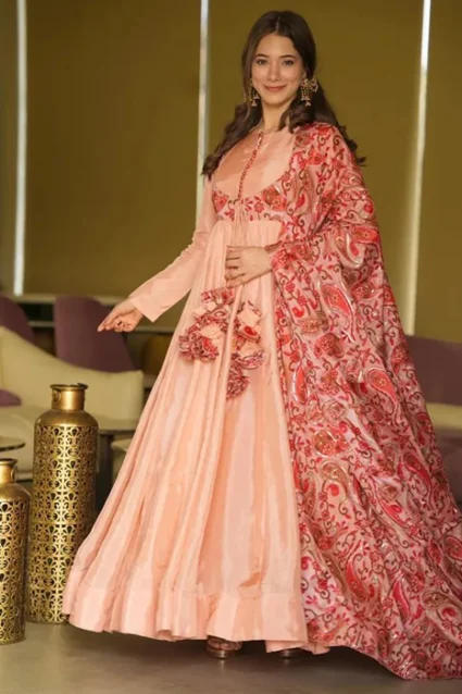 Classic Salmon Peach Ethnic Gown For Partywear