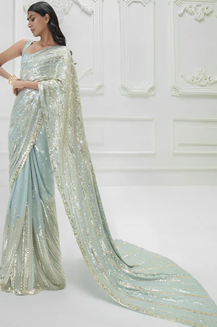 Designer Light Blue Sequin Saree