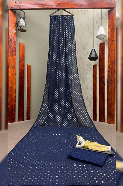Designer Partywear Mirrorwork Saree In Royal Blue