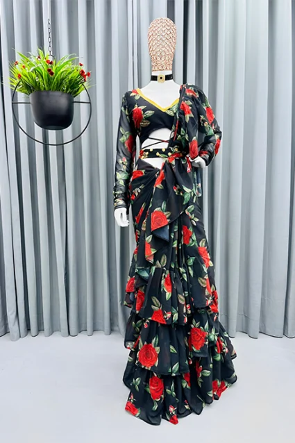 Exquisite Black Ruffled Saree With Magnificient Floral Prints