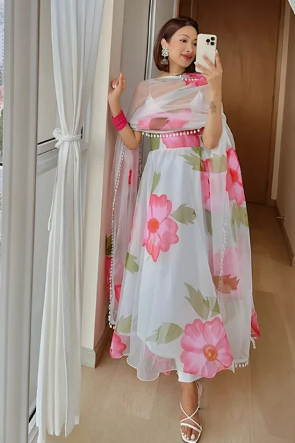 Floral Printed White Organza Suit For Summers Floral Printed White Organza Suit For Summers